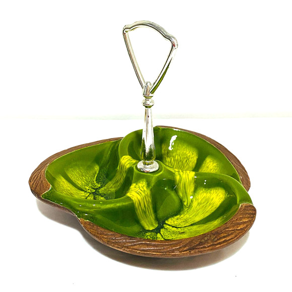 Green Sequoia Craft Center Handle Tidbit Snack Tray California Pottery #618 USA - Picture 3 of 9